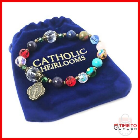 Genuine Stone Crystal Rosary Bracelet Virgin Mary Medal Charm - Picture 5 of 7